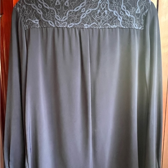 Pretty navy blue button up blouse with lace details and tie. Size large. - Picture 4 of 11